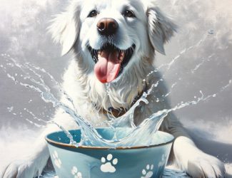 Digital Oil Paint Labrador Retriever Splashing In Water Bowl